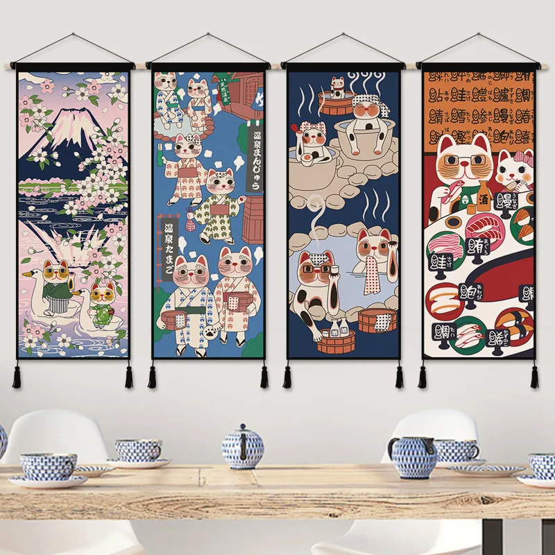 Japanese Restaurant Lifestyle - Японский счастливый кот, тканевый художественный аниме-плакат,